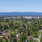 An arial view of Palo Alto's trees and buildings
