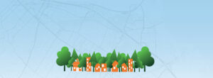 Illustration of busy urban community of orange buildings, homes, and schools surrounded by a forest of trees