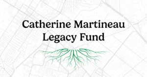 Catherine Martineau legacy fund with root graphics over a map the midpeninsula region