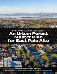A report cover with an arial view of trees and streets titled, "An Urban Forest Master Plan for East Palo Alto."