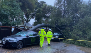 Emergency responders survey storm damage on Circle Drive in East Palo Alto.