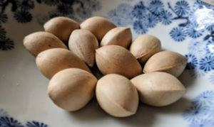 Ginkgo nuts with the fruit removed in a blue bowl.