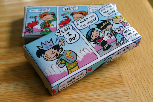 gifts wrapped in comic papers